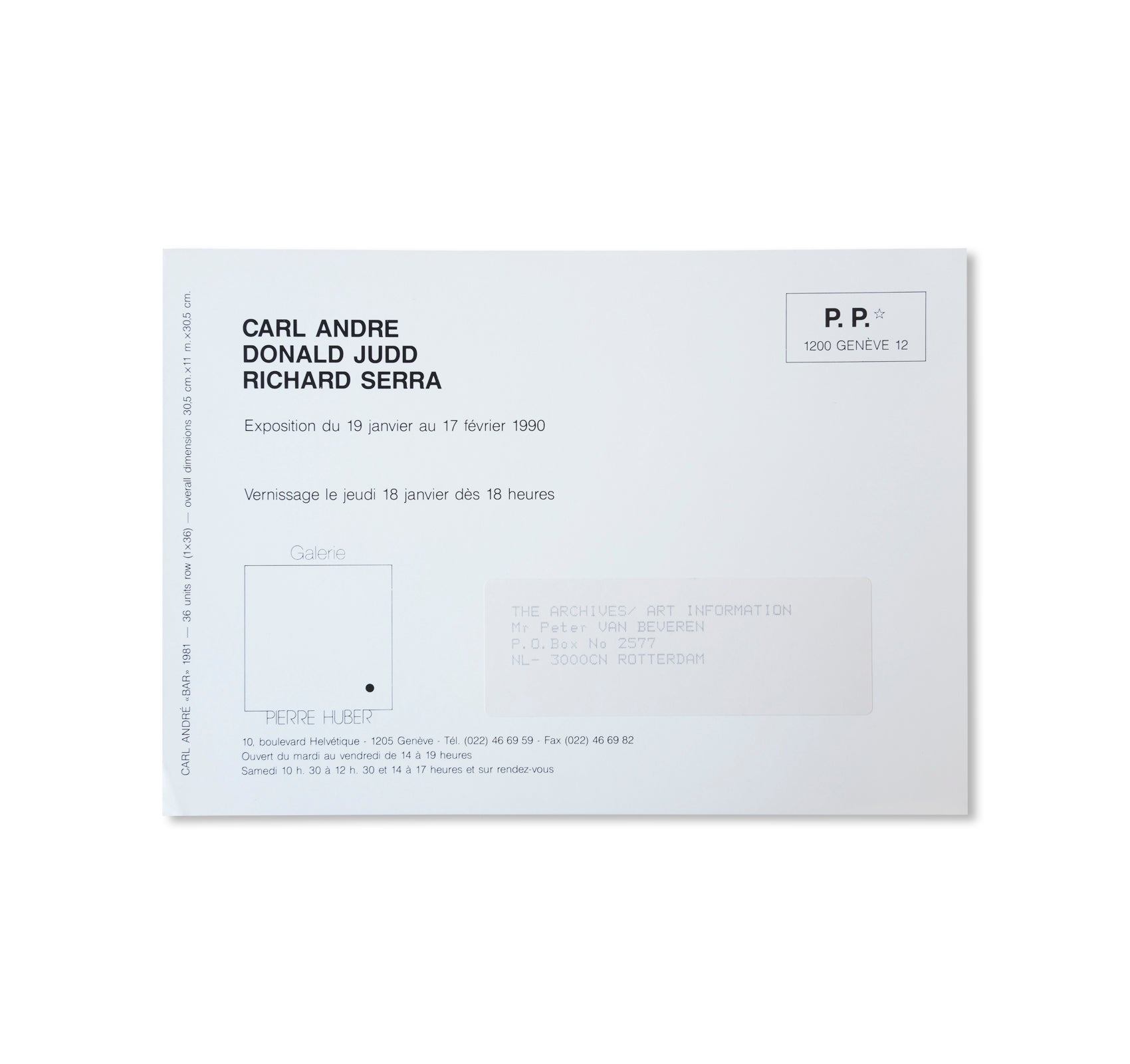 CARL ANDRE, DONALD JUDD, RICHARD SERRA - INVITATION (1990) by Carl Andre, Donald Judd, Richard Serra