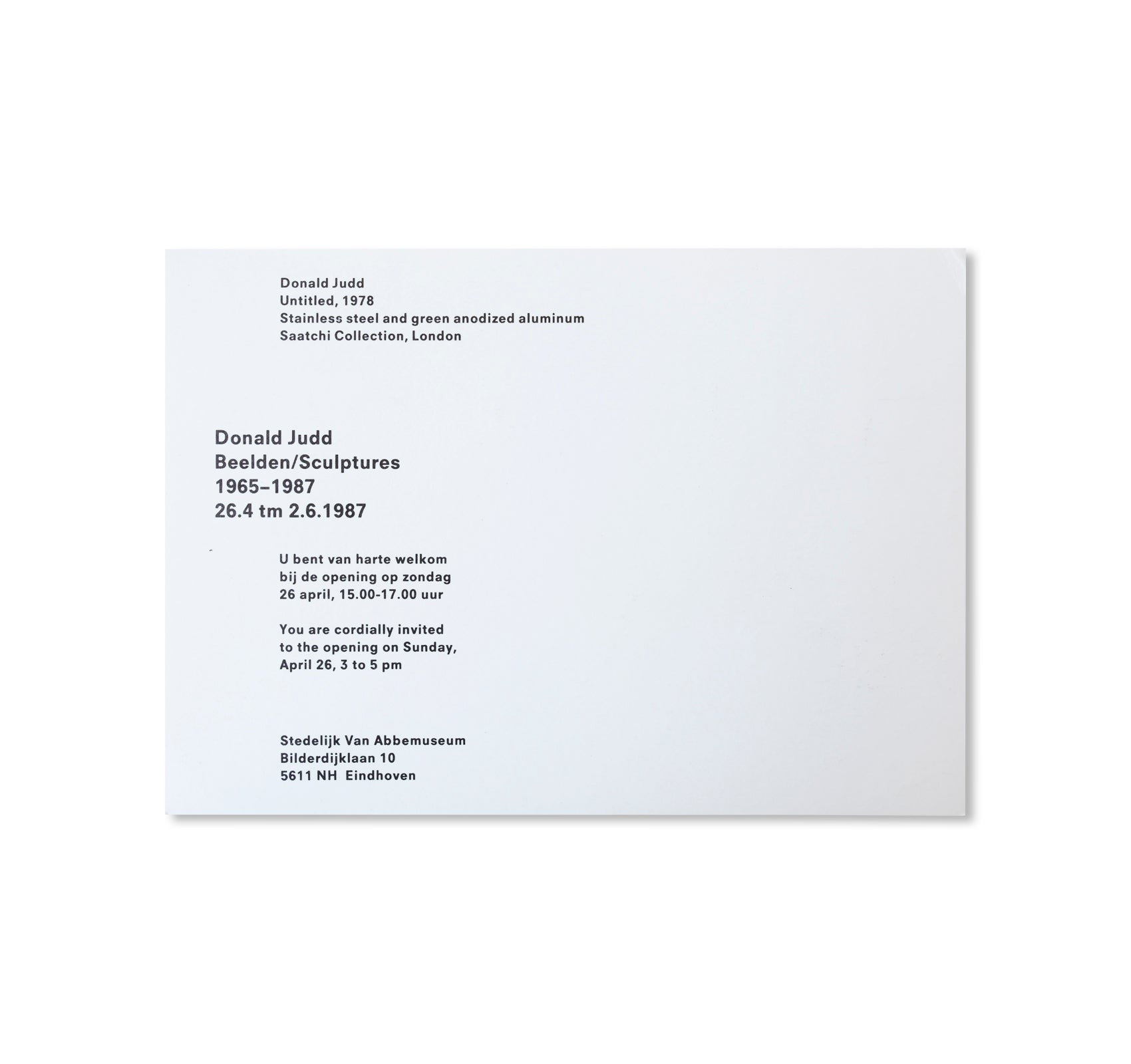 DONALD JUDD: BEELDEN / SCULPTURES 1965-1987 - INVITATION (1987) by Donald Judd