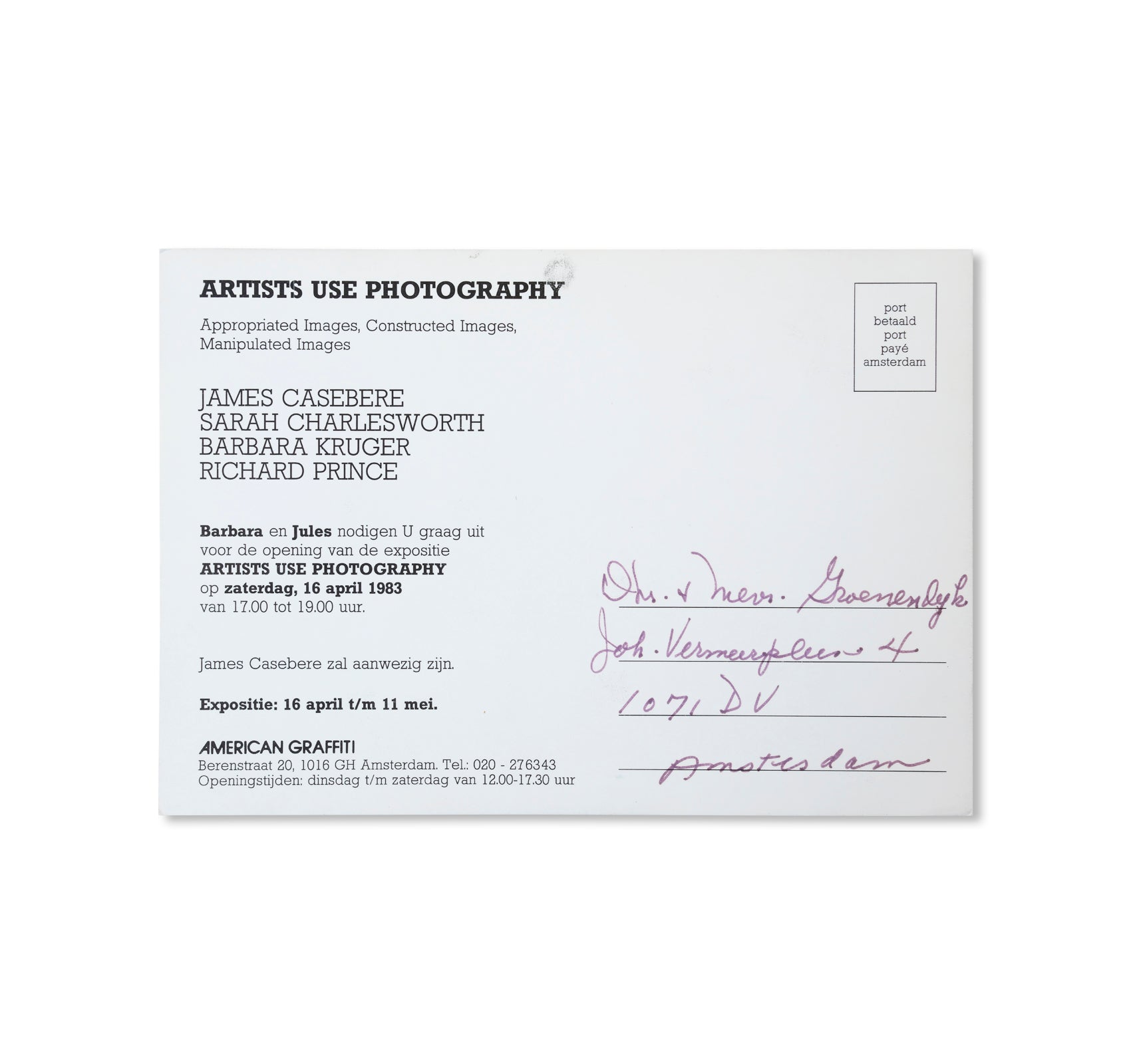 ARTISTS USE PHOTOGRAPHY: APPROPRIATED IMAGES, CONSTRUCTED IMAGES, MANIPULATED IMAGES - INVITATION (1983) by James Casebere, Sarah Charlesworth, Barbara Kruger, Richard Prince